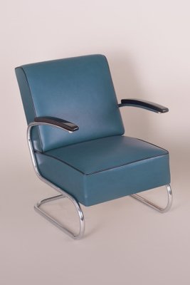 Art Deco Tubular Armchair in Chrome-Plated Steel & Blue Leather attributed to Mücke-Melder, 1930s-WHY-1768398