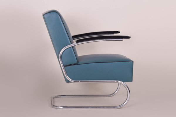 Art Deco Tubular Armchair in Chrome-Plated Steel & Blue Leather attributed to Mücke-Melder, 1930s-WHY-1768398