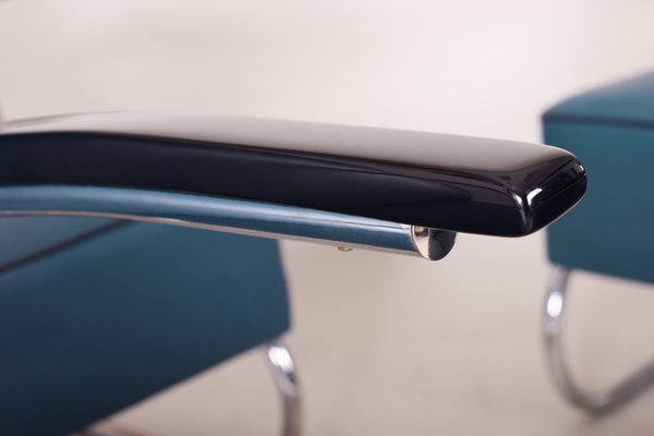 Art Deco Tubular Armchair in Chrome-Plated Steel & Blue Leather attributed to Mücke-Melder, 1930s-WHY-1768398