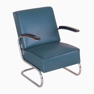 Art Deco Tubular Armchair in Chrome-Plated Steel & Blue Leather attributed to Mücke-Melder, 1930s-WHY-1768398