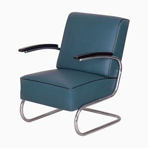 Art Deco Tubular Steel Cantilever Armchair in Chrome and Blue Leather, 1930s-WHY-1231873