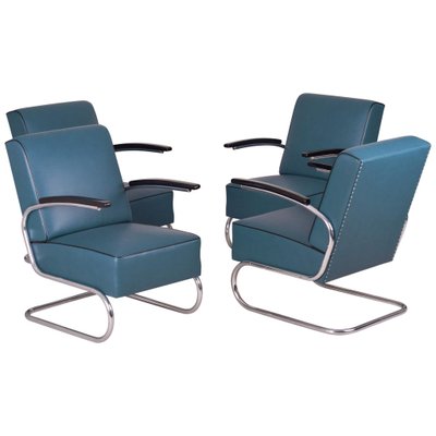 Art Deco Tubular Steel Cantilever Armchairs in Chrome and Blue Leather, Set of 4-WHY-1231838