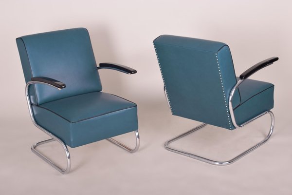 Art Deco Tubular Steel Cantilever Armchairs in Chrome and Blue Leather, Set of 4-WHY-1231838