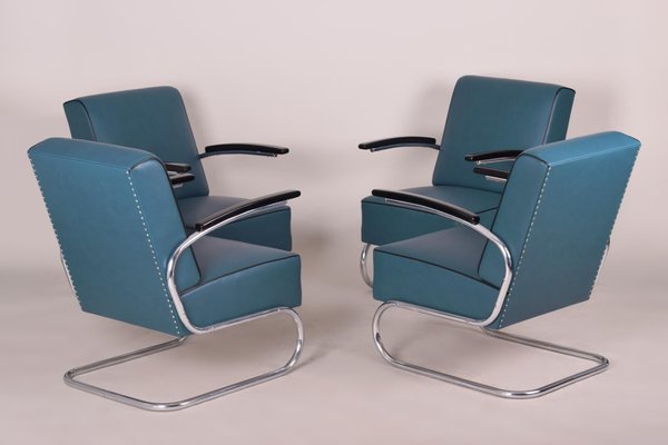 Art Deco Tubular Steel Cantilever Armchairs in Chrome and Blue Leather, Set of 4-WHY-1231838