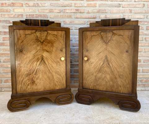 Art Deco Walnut Slab Side Cabinets or Nightstands with Carved Base, 1930s, Set of 2-NOU-1109355