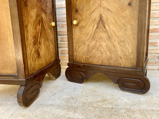 Art Deco Walnut Slab Side Cabinets or Nightstands with Carved Base, 1930s, Set of 2-NOU-1109355