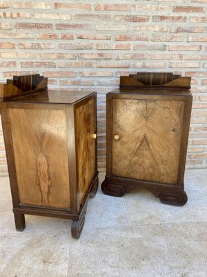 Art Deco Walnut Slab Side Cabinets or Nightstands with Carved Base, 1930s, Set of 2-NOU-1109355