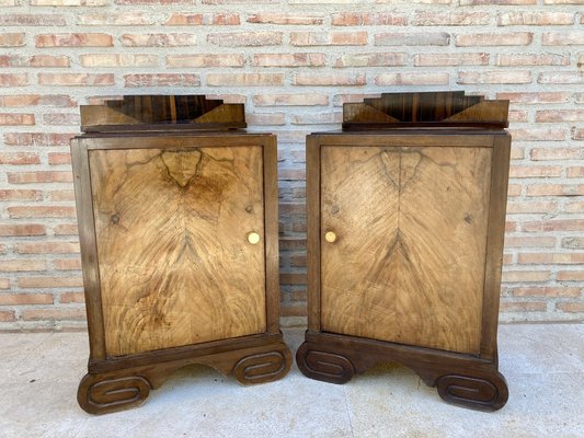 Art Deco Walnut Slab Side Cabinets or Nightstands with Carved Base, 1930s, Set of 2-NOU-1109355