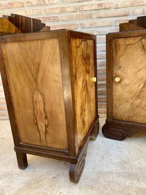 Art Deco Walnut Slab Side Cabinets or Nightstands with Carved Base, 1930s, Set of 2-NOU-1109355