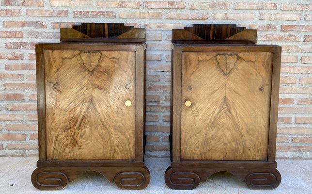 Art Deco Walnut Slab Side Cabinets or Nightstands with Carved Base, 1930s, Set of 2-NOU-1109355