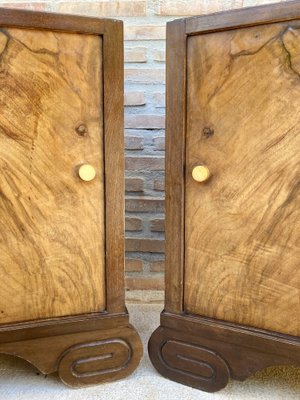 Art Deco Walnut Slab Side Cabinets or Nightstands with Carved Base, 1930s, Set of 2-NOU-1109355