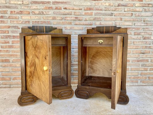 Art Deco Walnut Slab Side Cabinets or Nightstands with Carved Base, 1930s, Set of 2-NOU-1109355