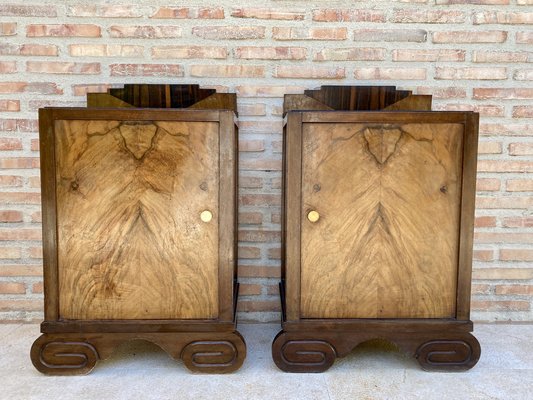 Art Deco Walnut Slab Side Cabinets or Nightstands with Carved Base, 1930s, Set of 2-NOU-1109355