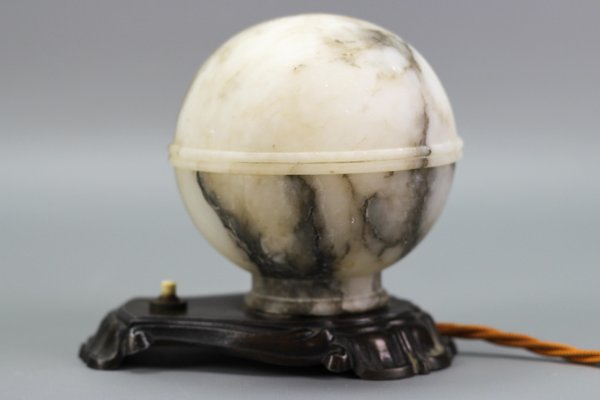 Art Deco White and Black Alabaster Globe Sphere Night Lamp, 1930s-KEG-1290493