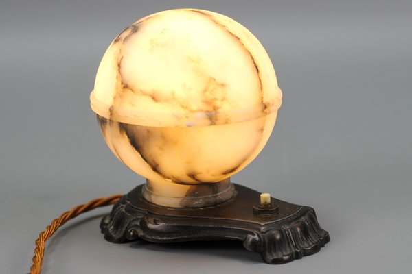 Art Deco White and Black Alabaster Globe Sphere Night Lamp, 1930s-KEG-1290493