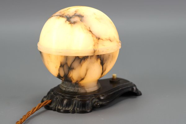 Art Deco White and Black Alabaster Globe Sphere Night Lamp, 1930s-KEG-1290493