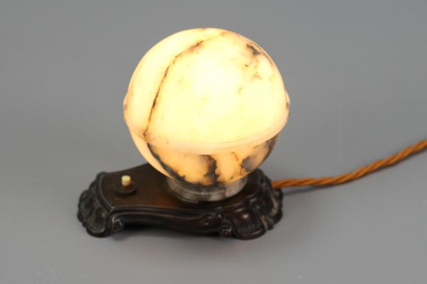 Art Deco White and Black Alabaster Globe Sphere Night Lamp, 1930s-KEG-1290493