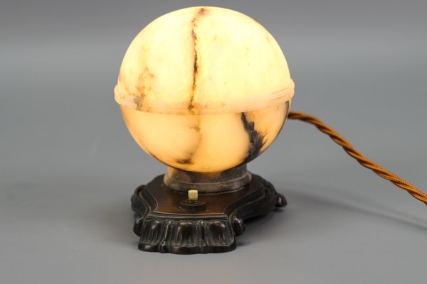 Art Deco White and Black Alabaster Globe Sphere Night Lamp, 1930s-KEG-1290493