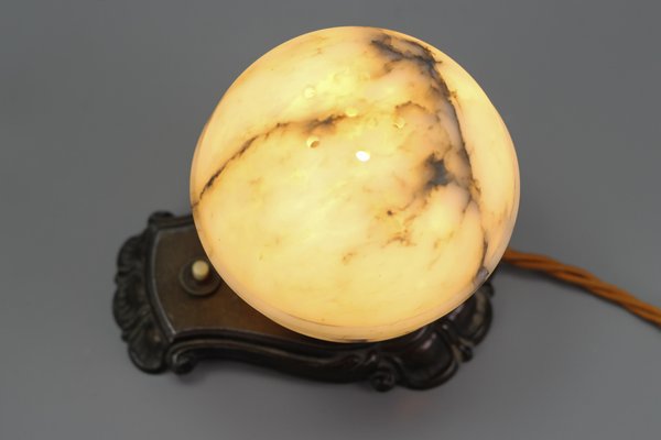 Art Deco White and Black Alabaster Globe Sphere Night Lamp, 1930s-KEG-1290493