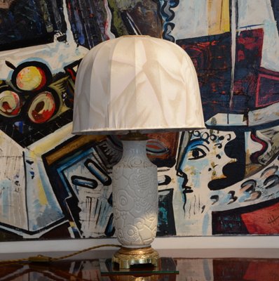 Art Deco White Ceramic Lamp with Floral Pattern, 1930s-LXP-1065430