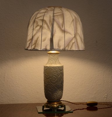 Art Deco White Ceramic Lamp with Floral Pattern, 1930s-LXP-1065430