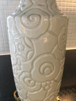 Art Deco White Ceramic Lamp with Floral Pattern, 1930s-LXP-1065430