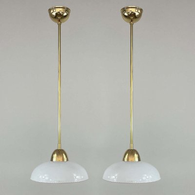 Art Deco White Opaline Glass and Brass Pendants, Sweden, 1940s, Set of 2-OE-1799878