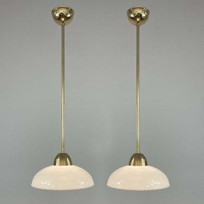 Art Deco White Opaline Glass and Brass Pendants, Sweden, 1940s, Set of 2-OE-1799878