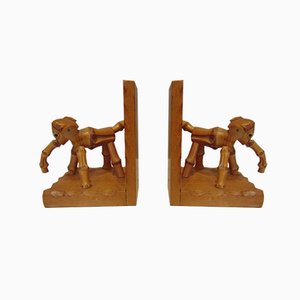 Art Deco Wood & Bamboo Elephant Bookends, 1920s, Set of 2-CAQ-872533