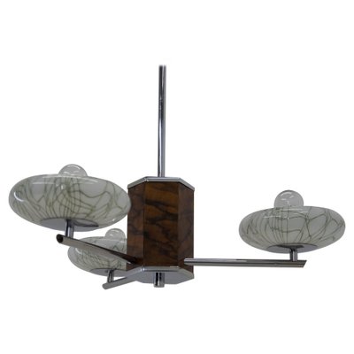 Art Deco Wood Chrome and Glass Chandelier, 1940s-TZ-1401328