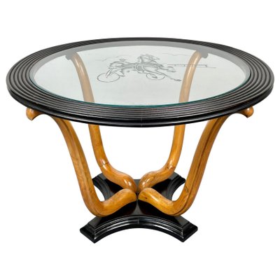 Art Deco Wood & Glass Round Coffee Side Table, Italy, 1940s-LYQ-1171352