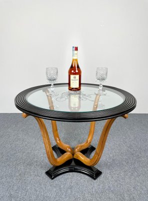 Art Deco Wood & Glass Round Coffee Side Table, Italy, 1940s-LYQ-1171352