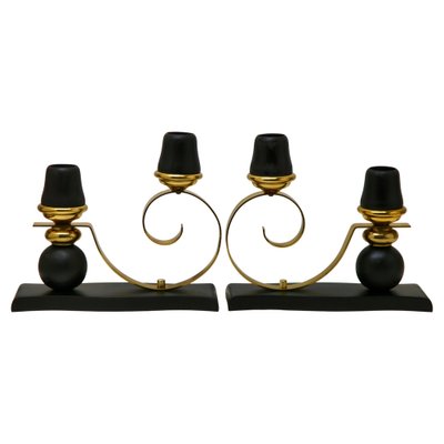 Art Deco Wooden and Brass Candlesticks, 1930s, Set of 2-MJY-1161857