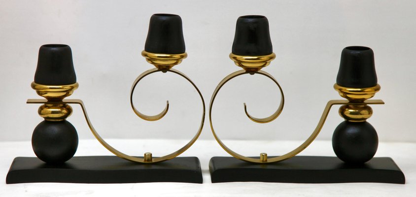 Art Deco Wooden and Brass Candlesticks, 1930s, Set of 2-MJY-1161857