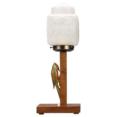 Art Deco Wooden and Frosted Glass Table Lamp with a Woodpecker, 1930s-KEG-1393008