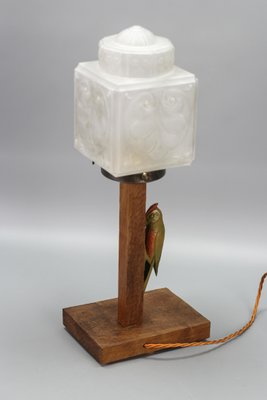 Art Deco Wooden and Frosted Glass Table Lamp with a Woodpecker, 1930s-KEG-1393008