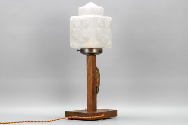 Art Deco Wooden and Frosted Glass Table Lamp with a Woodpecker, 1930s-KEG-1393008