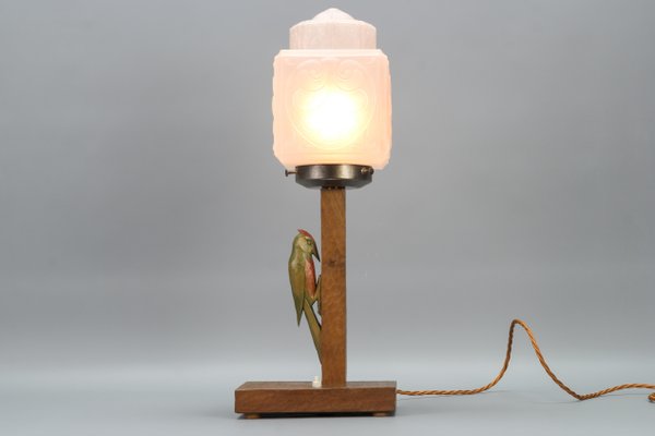 Art Deco Wooden and Frosted Glass Table Lamp with a Woodpecker, 1930s-KEG-1393008