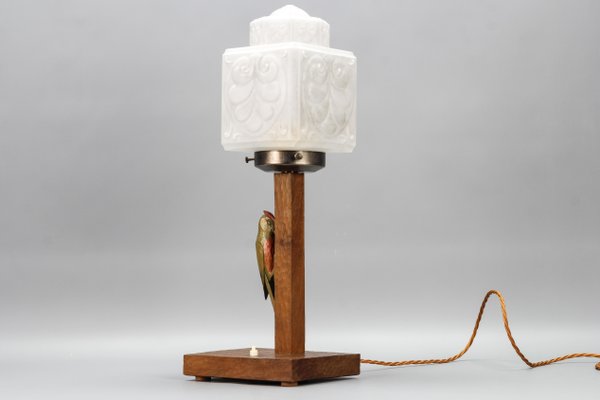 Art Deco Wooden and Frosted Glass Table Lamp with a Woodpecker, 1930s-KEG-1393008