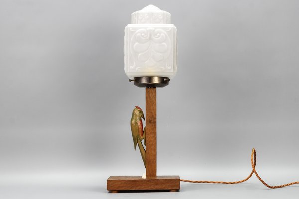 Art Deco Wooden and Frosted Glass Table Lamp with a Woodpecker, 1930s-KEG-1393008