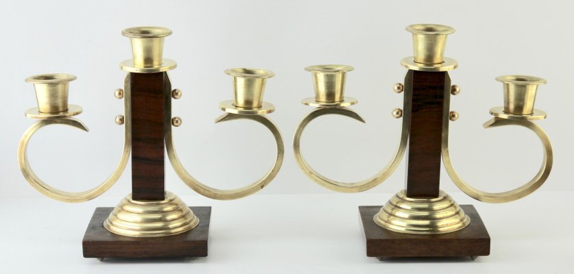 Art Deco Wooden & Brass Candlesticks, 1930s, Set of 2-MJY-1148724