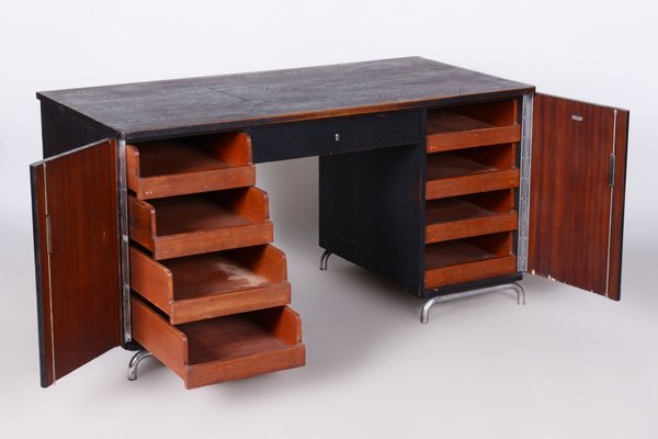 Art Deco Writing Desk in Chrome & Oak attributed to Robert Slezak, Czech, 1930s-WHY-2042100