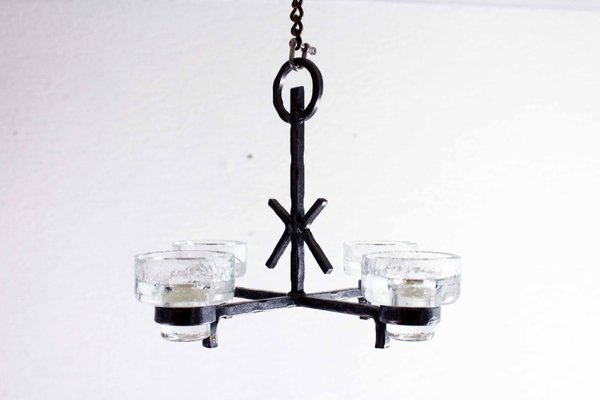 Art Deco Wrought Iron and Glass Candleholder by Erik Höglund for Bostrom, 1960s-BQF-708969