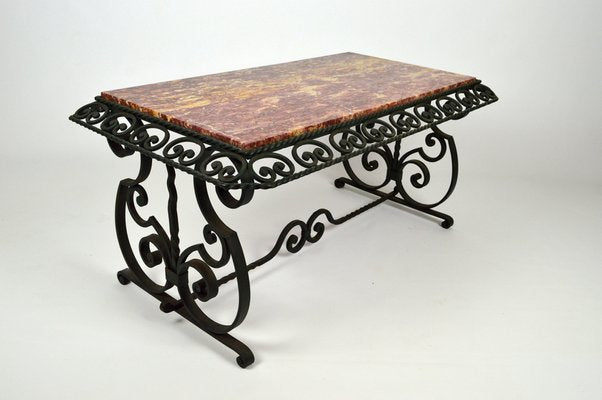 Art Deco Wrought Iron Coffee Table with Marble Top, 1940s-XNH-1028432