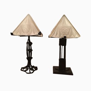 Art Deco Wrought Iron Table Lamps from Degué, 1920s, Set of 2-LXP-774383