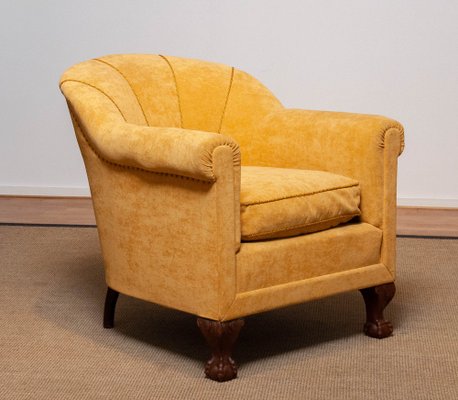 Art Deco Yellow Velvet Lounge Chair in the style of Carl Johanson, Stockholm, 1920s-JE-1369536