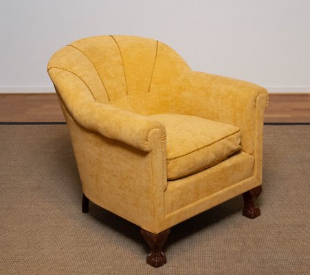 Art Deco Yellow Velvet Lounge Chair in the style of Carl Johanson, Stockholm, 1920s-JE-1369536