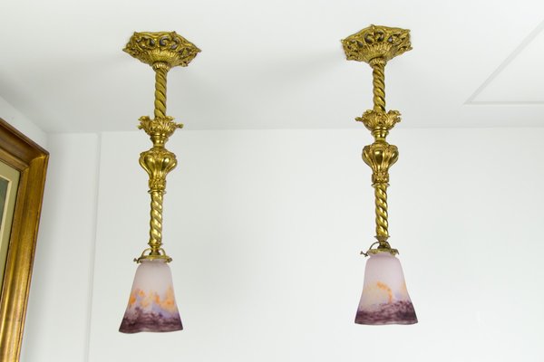 Art Glass and Gilt Bronze Pendant Lamps from Muller Strasbourg, 1920s, Set of 2-KEG-547370