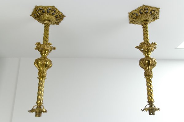 Art Glass and Gilt Bronze Pendant Lamps from Muller Strasbourg, 1920s, Set of 2-KEG-547370