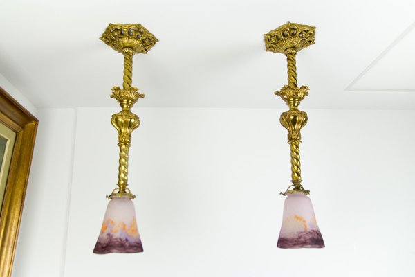 Art Glass and Gilt Bronze Pendant Lamps from Muller Strasbourg, 1920s, Set of 2-KEG-547370